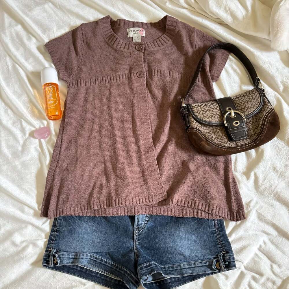 Chicago Collection Brown Short Sleeve Button Front Knit Cardigan Top L